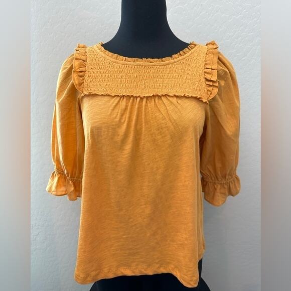 ANTHROPOLOGIE Yellow Ruffle Smocked Peasant Top Cotton Boho Cottagecore | XS - Picture 2 of 7